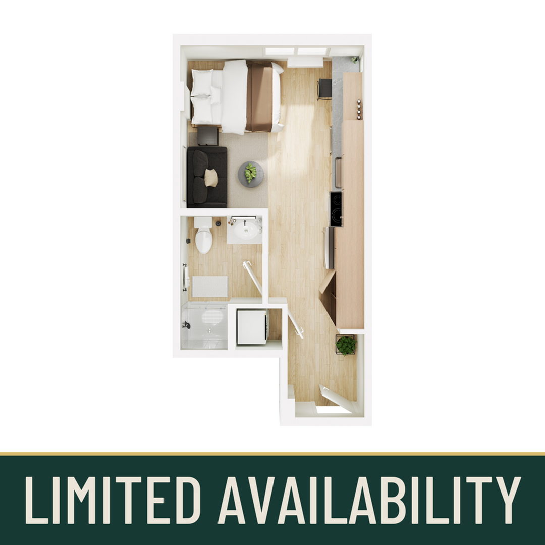 A 3D image of the Studio – S1 floorplan, a 320 squarefoot, 0 bed / 1 bath unit