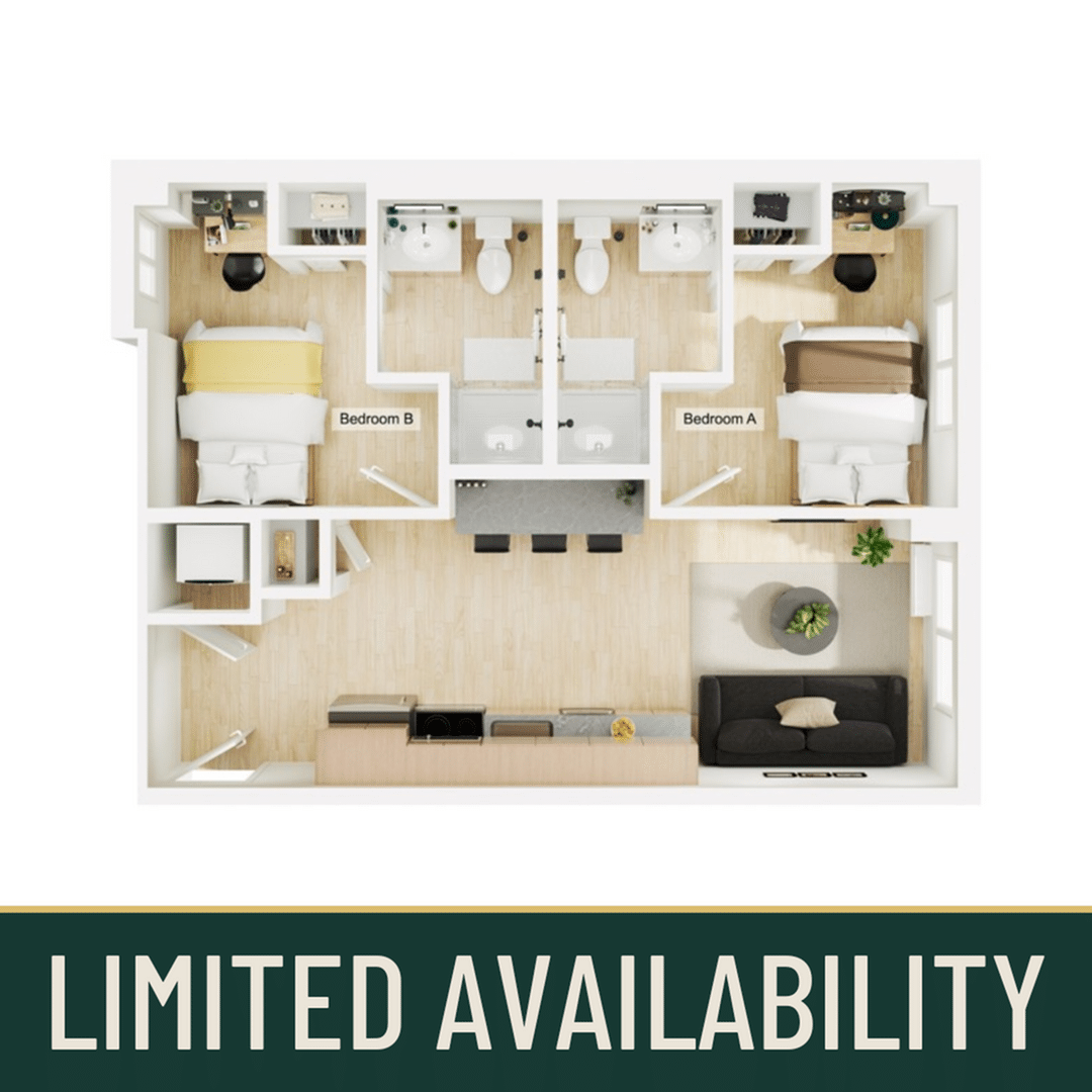 A 3D image of the 2BR/2BA – B2 floorplan, a 668 squarefoot, 2 bed / 2 bath unit