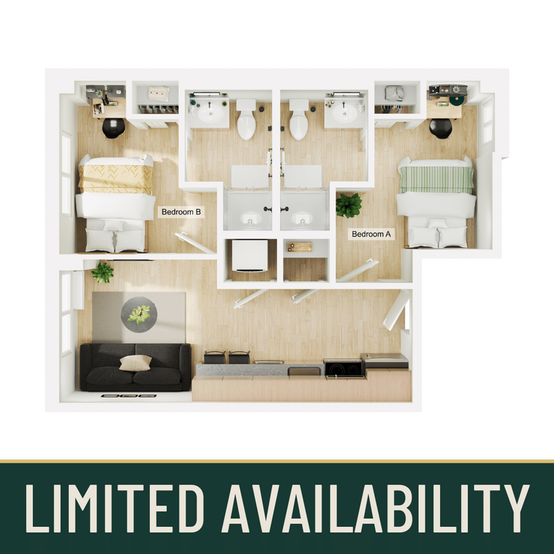 A 3D image of the 2BR/2BA – B1 floorplan, a 605 squarefoot, 2 bed / 2 bath unit