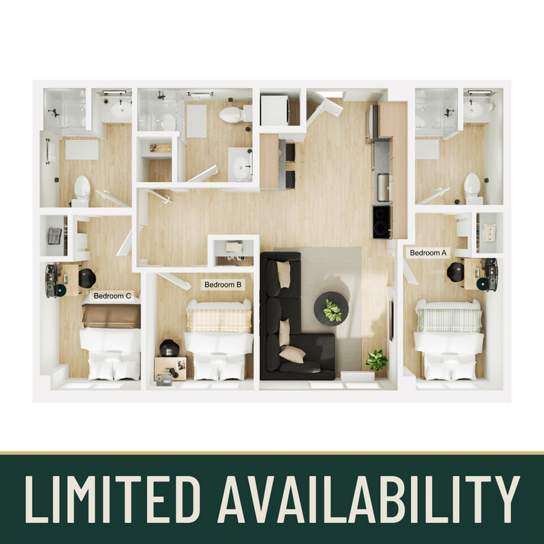 A 3D image of the 3BR/3BA floorplan, a 839 squarefoot, 3 bed / 3 bath unit
