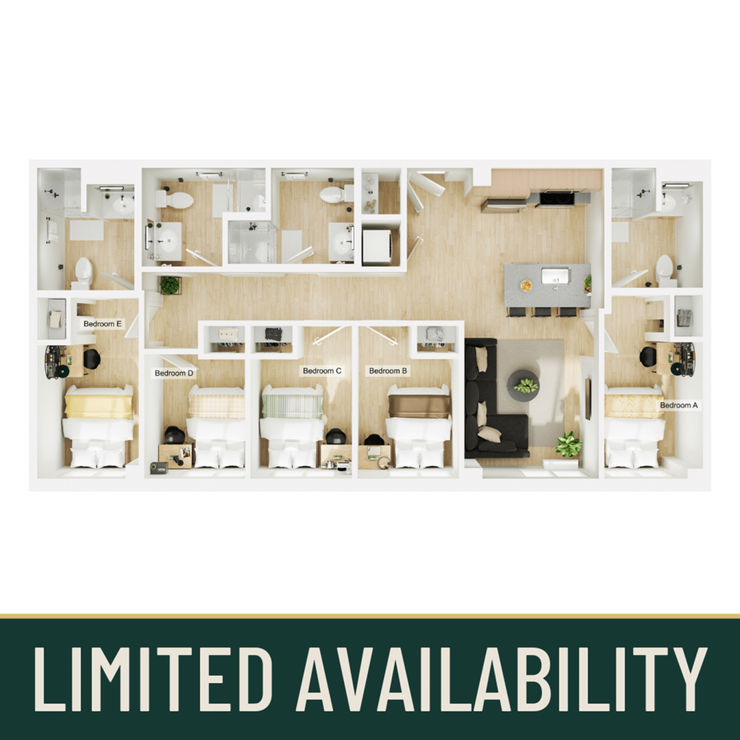 A 3D image of the 5BR/4BA floorplan, a 1172 squarefoot, 5 bed / 4 bath unit