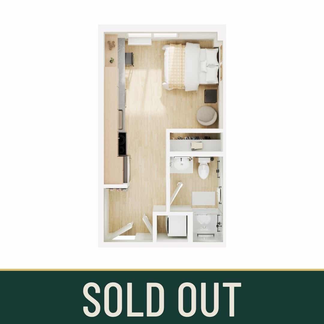 A 3D image of the Studio – S4 floorplan, a 329 squarefoot, 0 bed / 1 bath unit