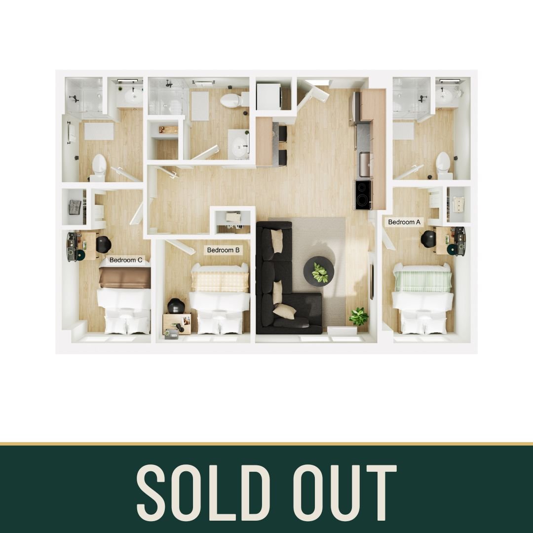 A 3D image of the 3BR/3BA floorplan, a 839 squarefoot, 3 bed / 3 bath unit